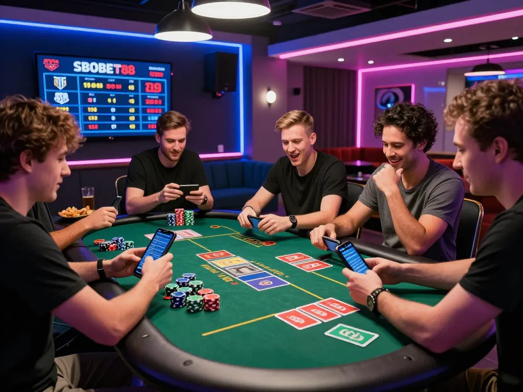 SBOBET88 online gambling scene with friends placing bets in a lively gaming room filled with neon lights and real-time odds.