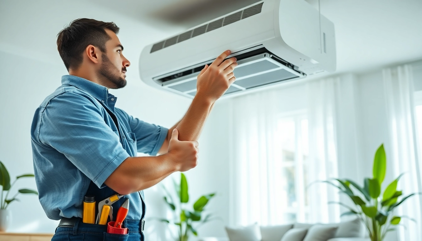 Expert technician conducting Air Conditioning Repair Tampa in a modern living room environment.