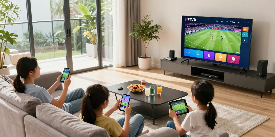 Family watching IPTV Nederland subscription channels on a modern TV in a cozy living room.