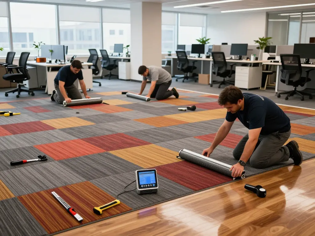 Skilled technicians performing commercial carpet installation in a modern office environment.