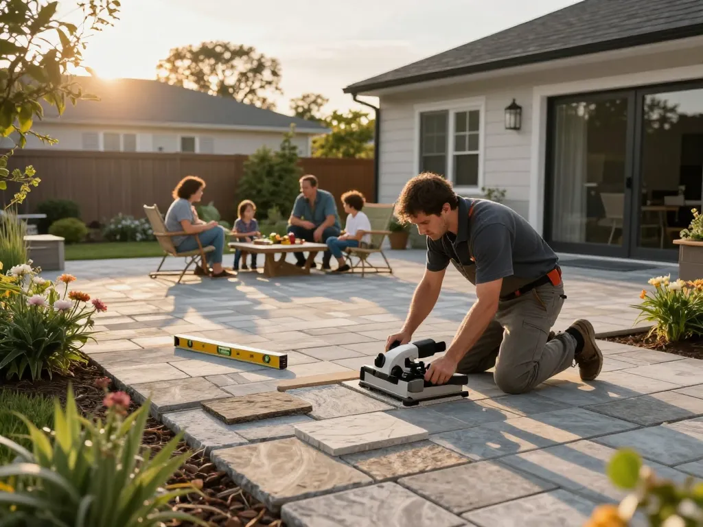 Experienced paver contractors near me creating a beautiful backyard patio with quality stone installation.