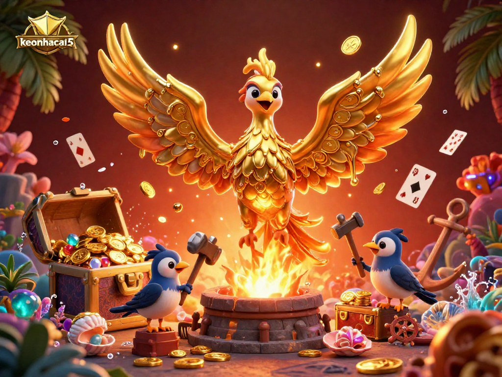 Engage with the golden phoenix of keonhacai5 amidst dazzling casino treasures and vibrant gaming elements.