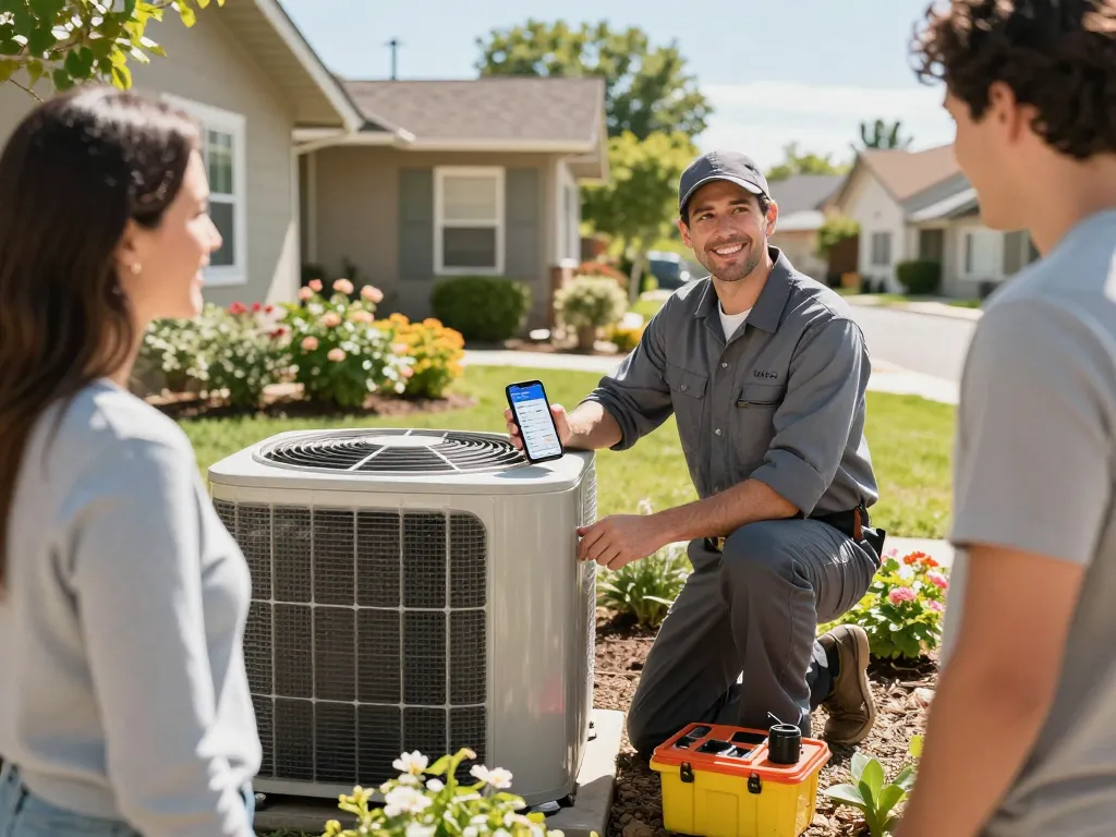HVAC technician inspecting outdoor air conditioning unit in Boulder City