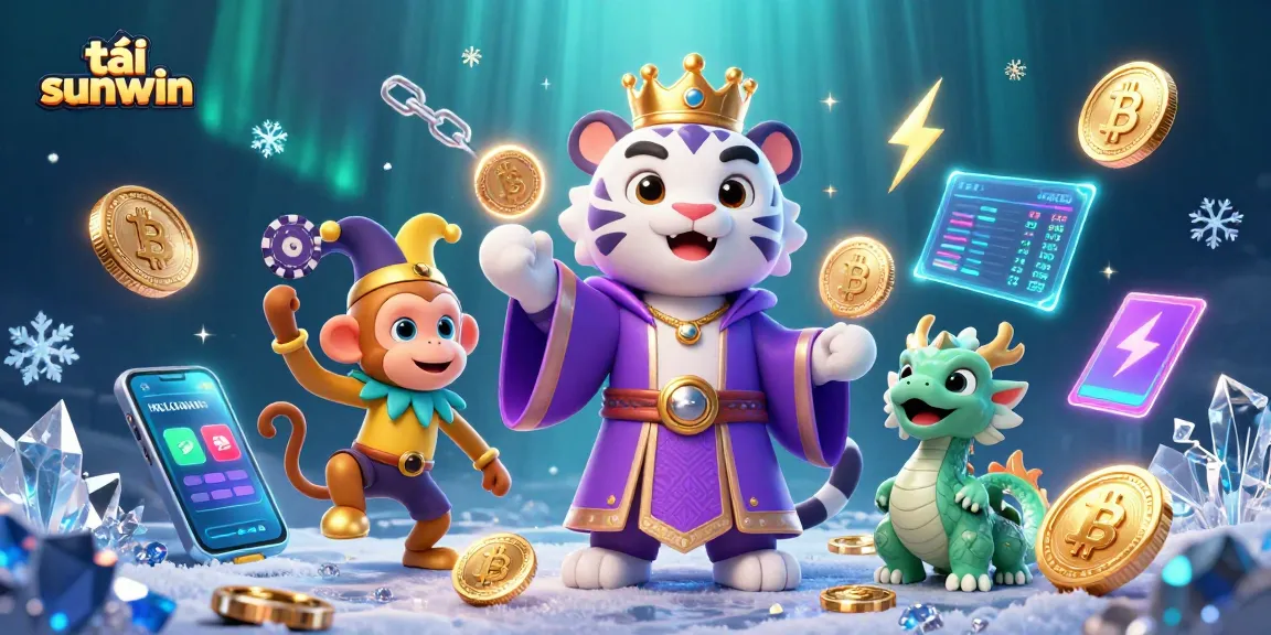 Playing slots with tải sunwin while surrounded by 3D casino characters and crypto elements.