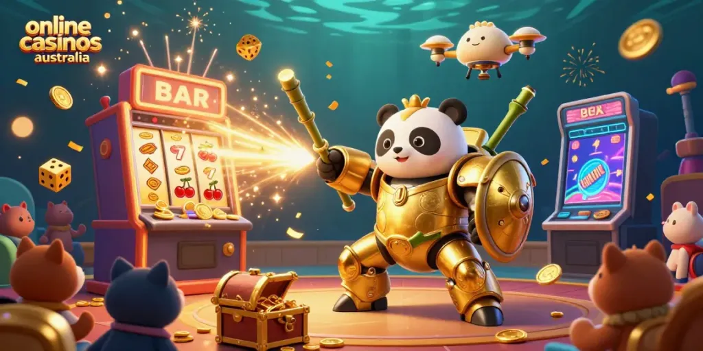Experience the excitement of online casinos australia with a vibrant scene featuring a golden panda in a mech-suit amid explosions of coins and gaming elements.