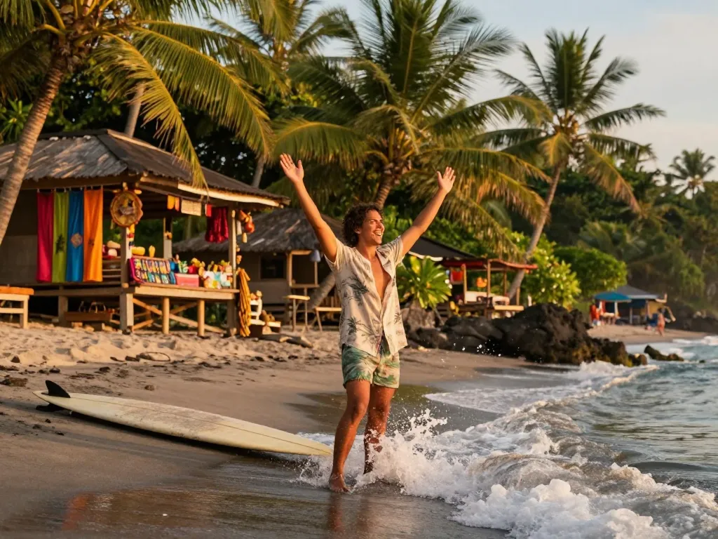 Bali tour packages featuring a traveler enjoying sunset at a beach, surfboard nearby, capturing the adventure.