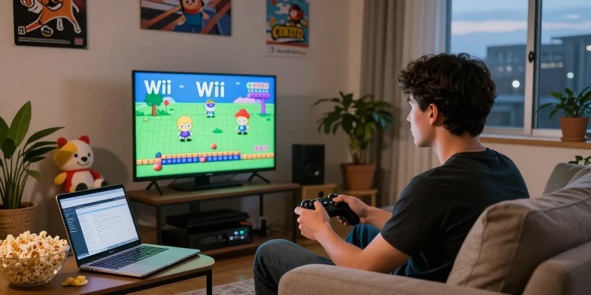 Gamer enjoying wii rom in cozy living room with nostalgic decor.