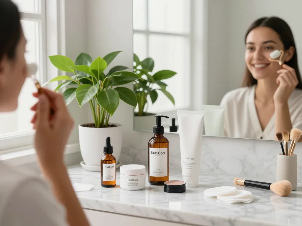 Individual enjoying Uni&Core skincare routine in bright bathroom