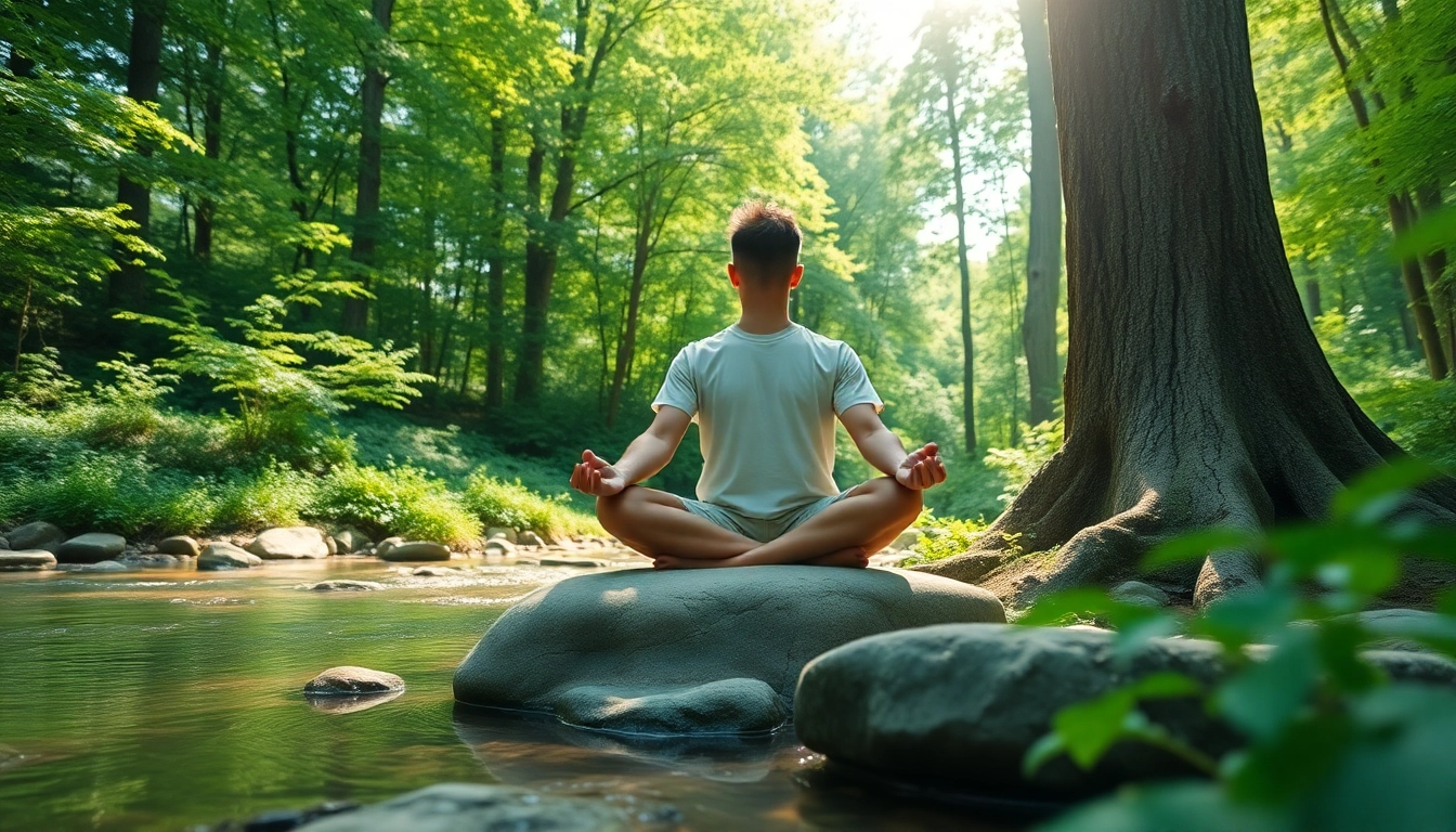 Meditation for mental wellness in a tranquil forest, emphasizing relaxation and serenity.