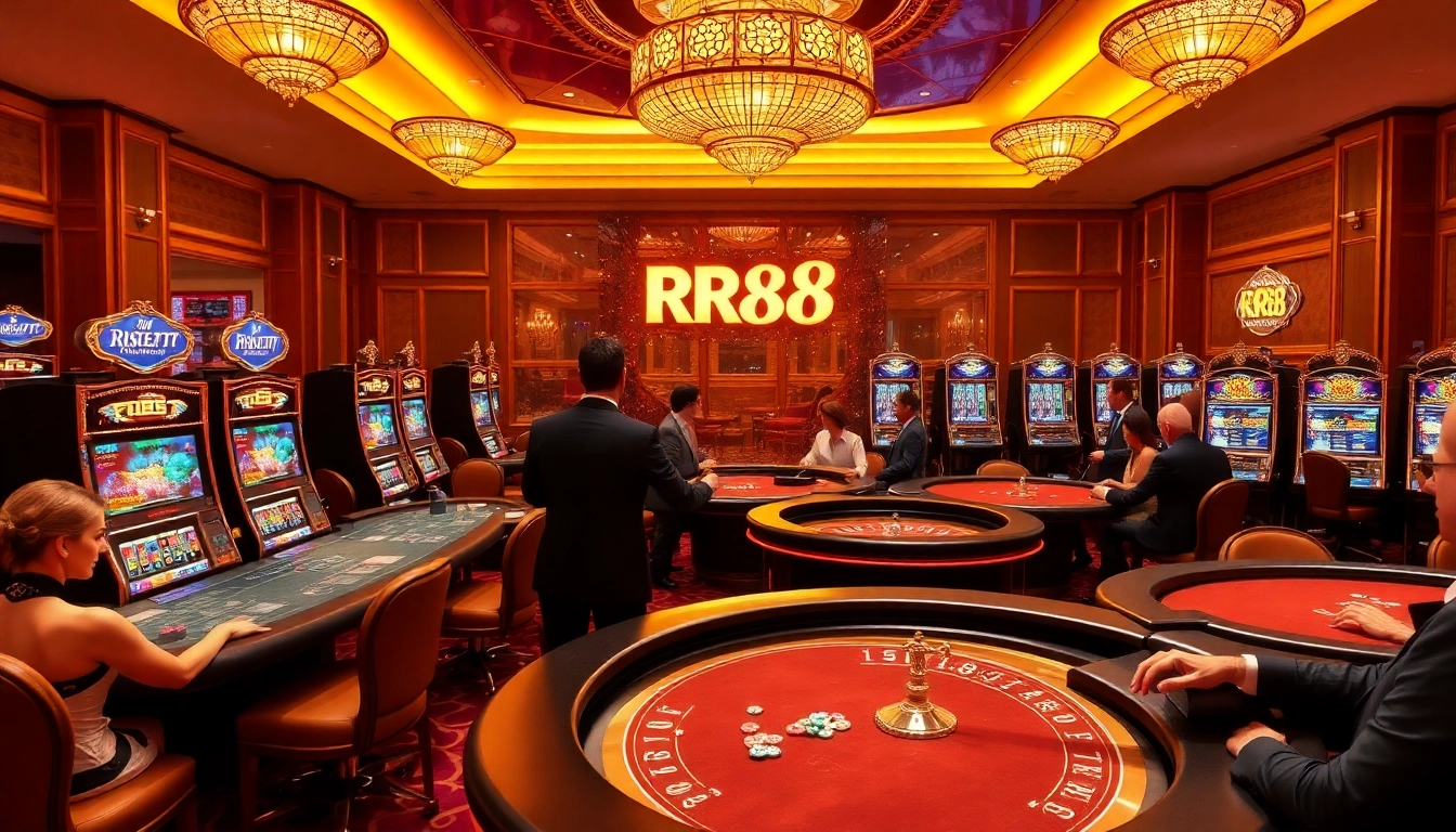 RR88 casino scene with players at poker tables and vibrant slot machines, showcasing excitement and luxury.