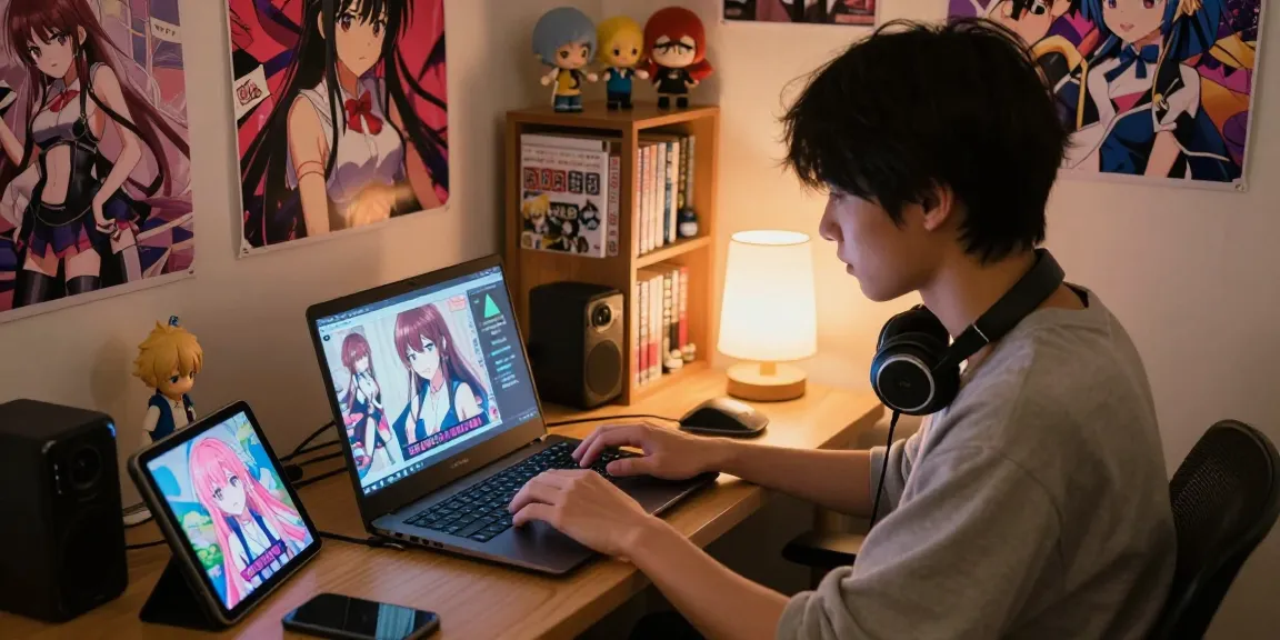 Interactive hentai ai chat scene with a young adult, manga, and tech gadgets creating a vibrant anime atmosphere.