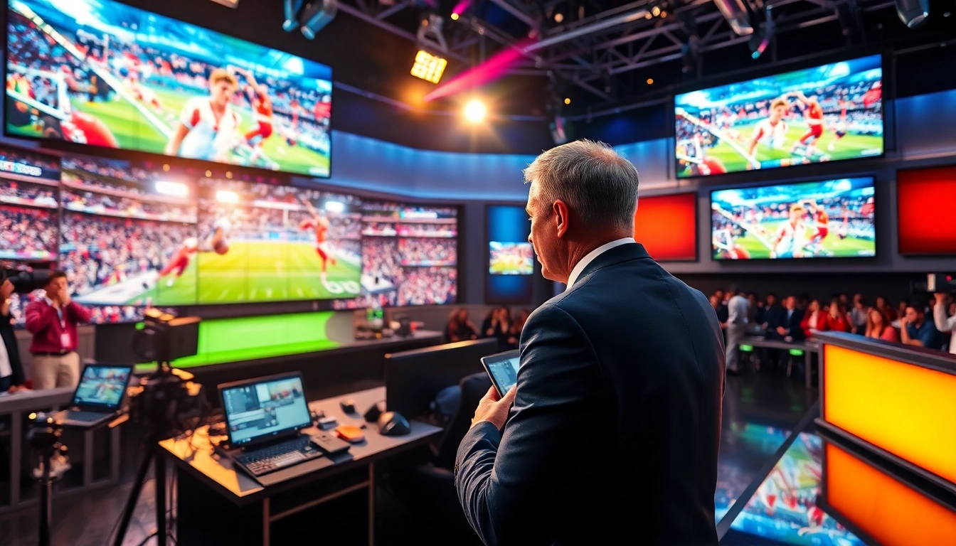 Engaging broadcaster in a vibrant sports broadcasting studio featuring multiple screens.