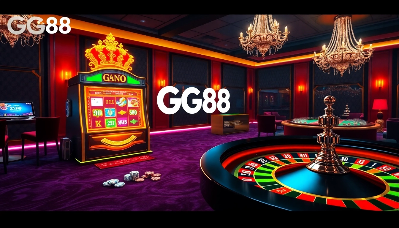 Experience the excitement of GG88 with vibrant casino elements like slot machines and poker tables.