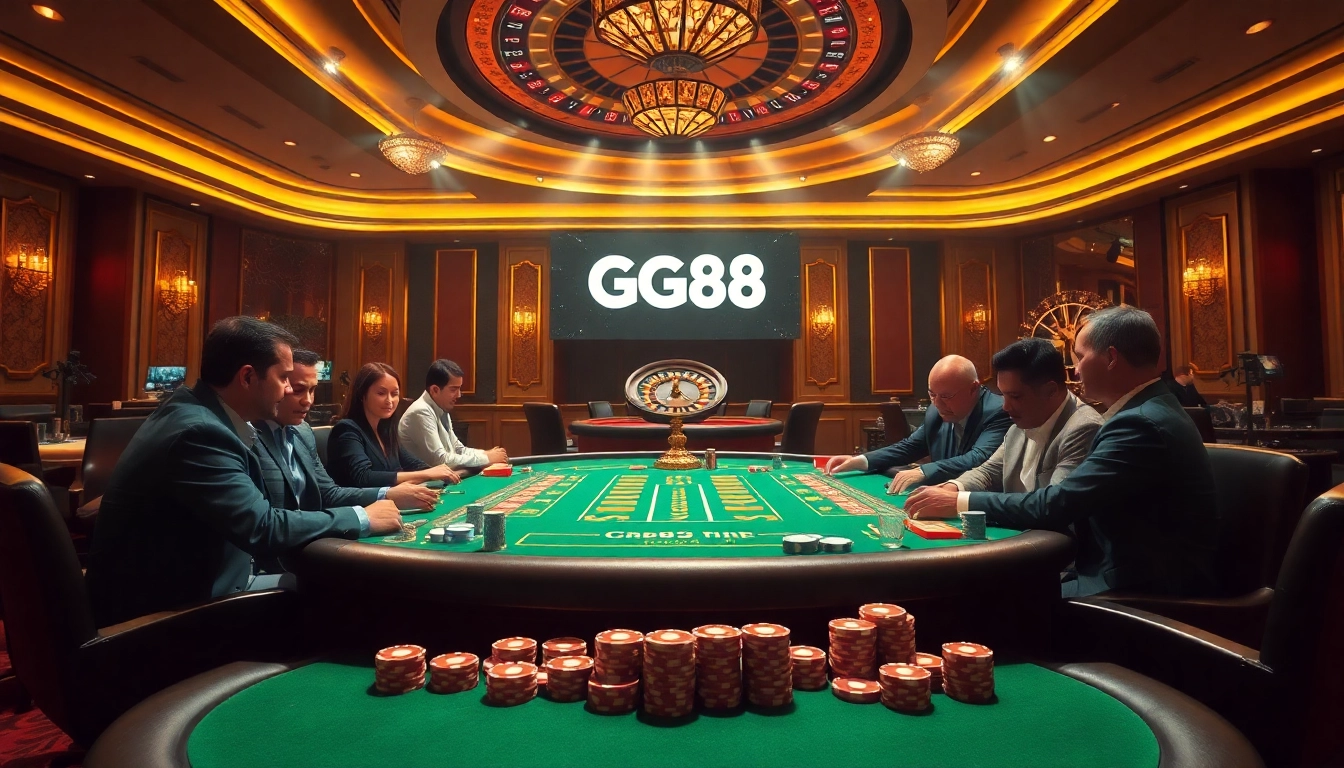 Engaged players at a GG88 poker table, showcasing excitement in a luxurious casino environment.