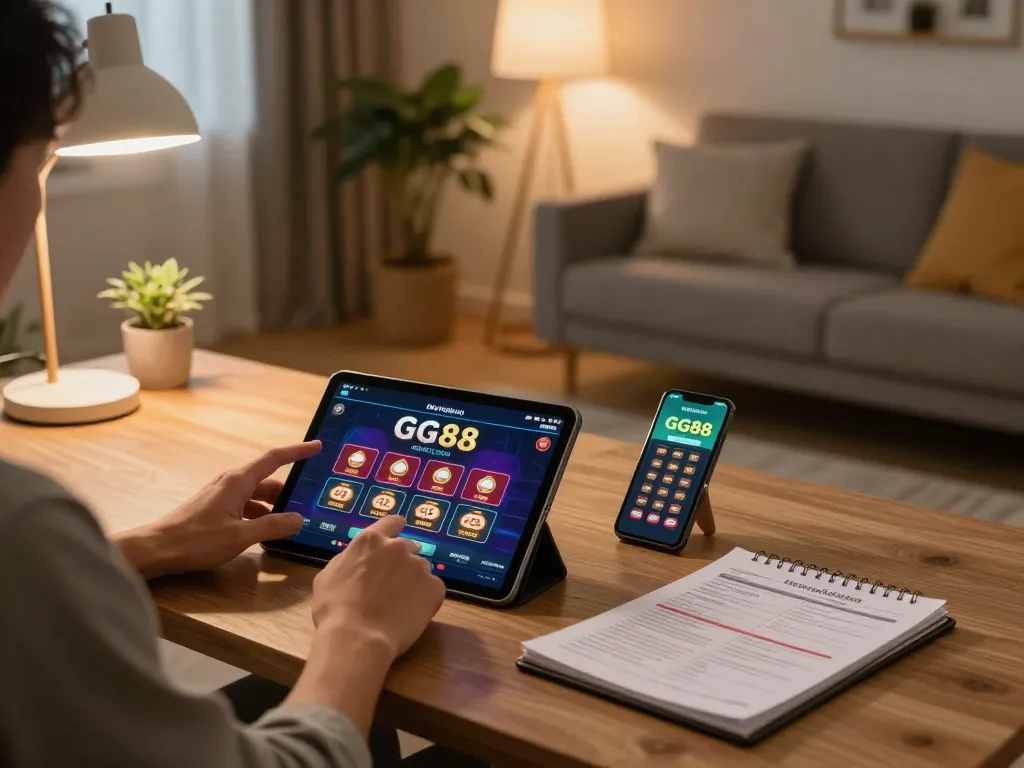 Player enjoying GG88 on a tablet in a cozy living room, strategizing for online gambling.