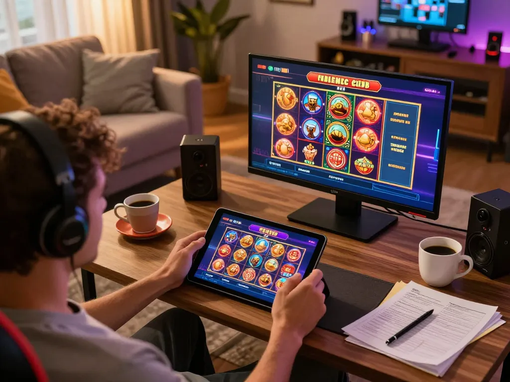 Engaged player using a tablet for man club-themed online casino gaming in a cozy setup.