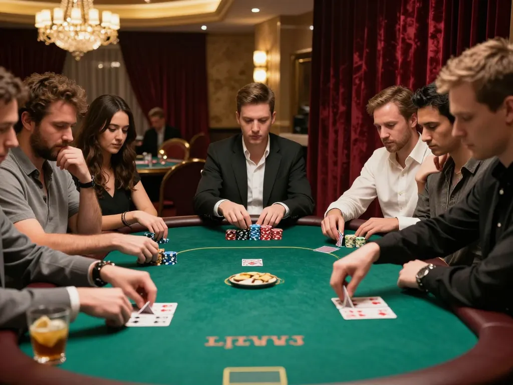 Engaged players in a high-stakes poker game showcase strategy on trang chủ lc88 in a luxurious casino setting.
