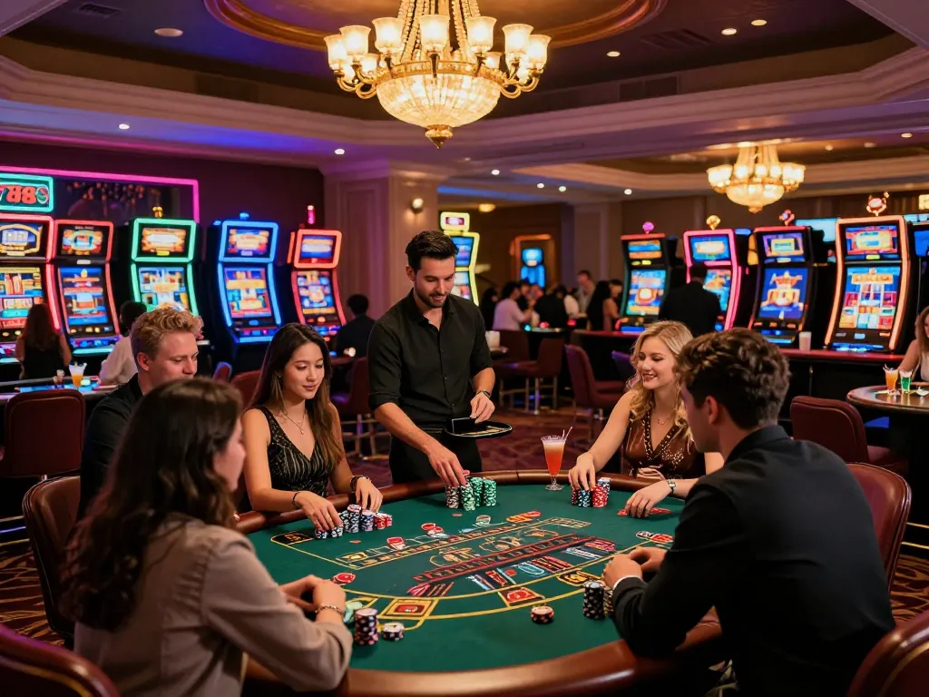 Exciting gaming night at the 789 club casino, players celebrating victories with cocktails and neon lights.