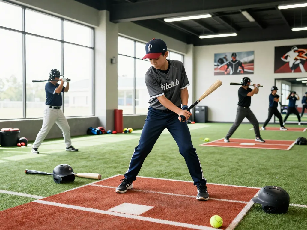 Youth training at hitclub facility, practicing baseball fundamentals with focus.