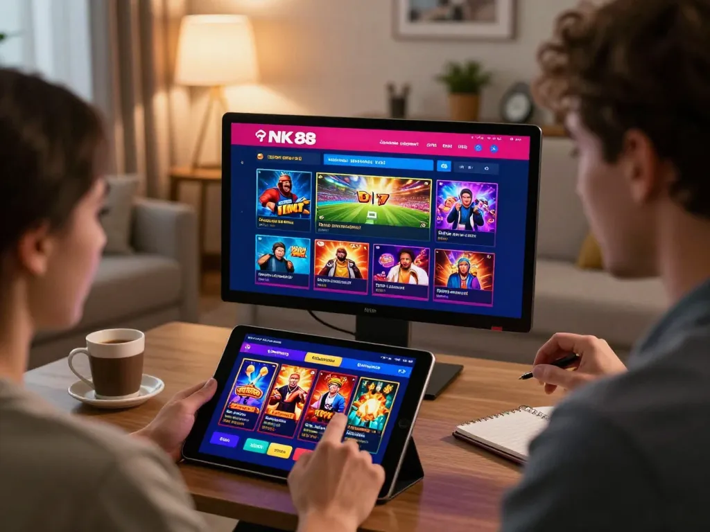 Engaging with the NK 88 online casino platforms on a tablet, showcasing vibrant game selections