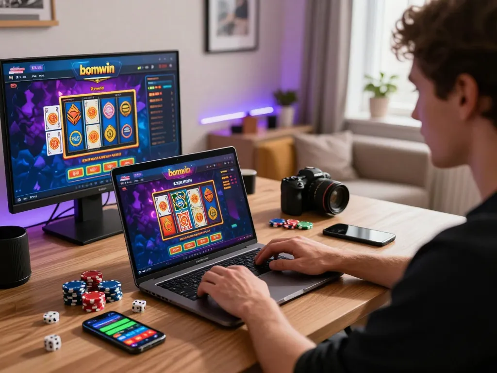 Player engaging with the bomwin gambling platform in a modern gaming setup