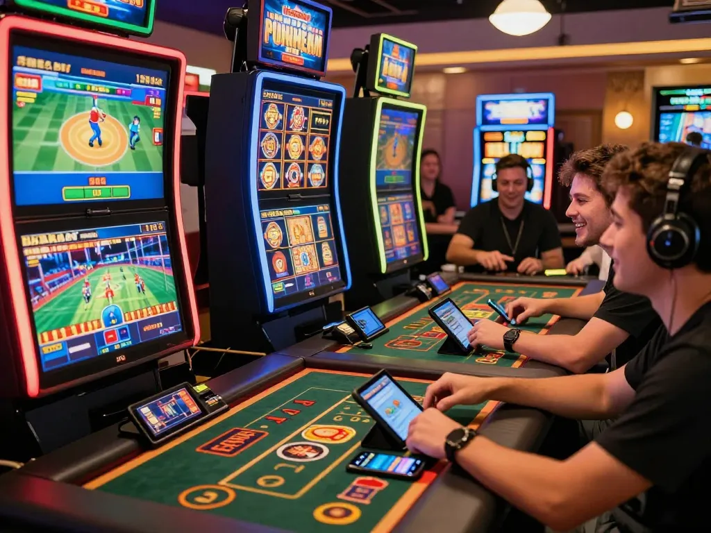 Engaged players at a nhà cái uy tín online casino, showcasing excitement in virtual gaming with vibrant screens and a lively atmosphere.