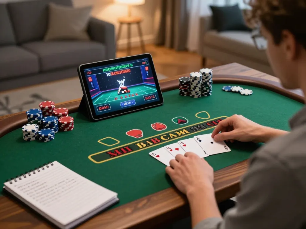 Player enjoying a dynamic online blackjack game at home on a tablet, showcasing NK 88 gaming experience