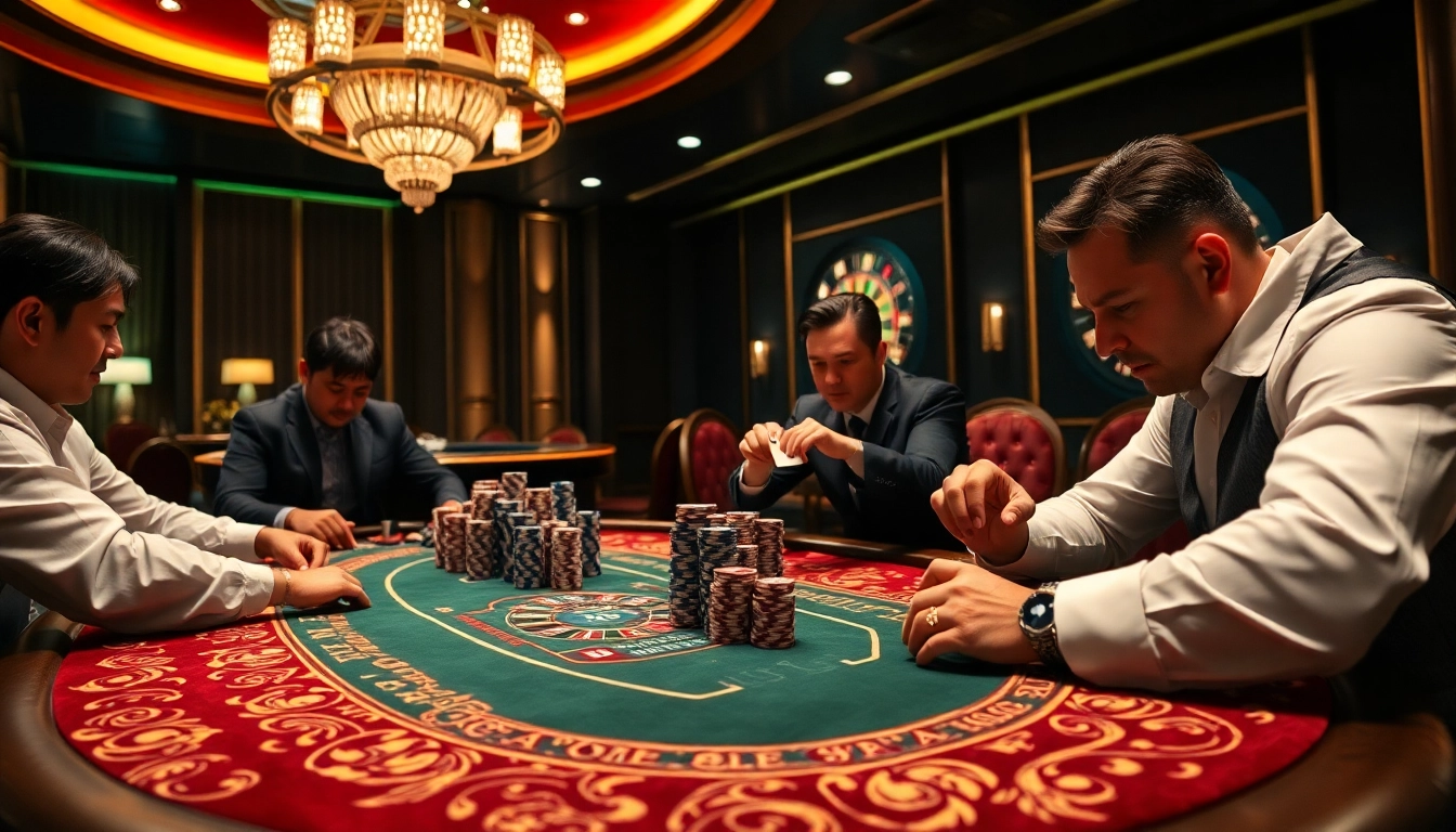 Intense poker game at the luxurious 98win casino table, showcasing strategic gameplay.