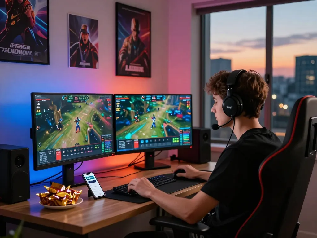 Engaged esports bettor using 1xbet app in modern home office