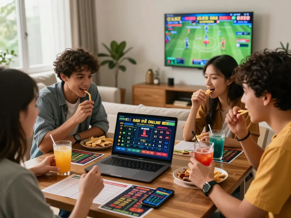 Friends enjoying đánh đề online together, predicting numbers and watching live scores.