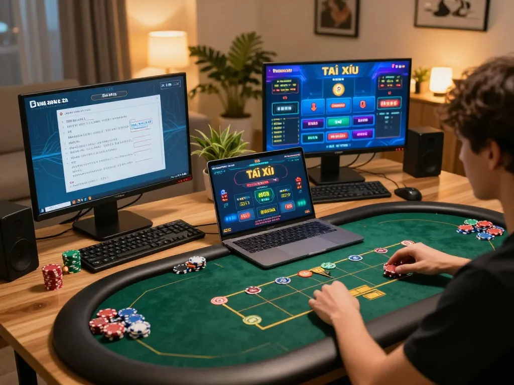 Player enjoying a live Tài Xỉu game on laptop at home, highlighting strategies on taixiuonline.za.com.