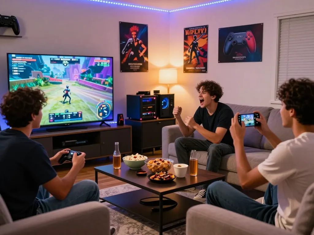 Friends enjoying an exciting game night with sun win gaming displayed on TV, vibrant atmosphere.