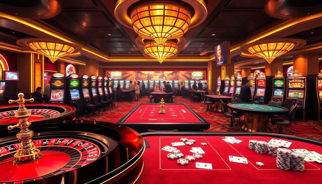 Experience the excitement of GO88 with vibrant casino visuals showcasing roulette, poker, and slot machines.