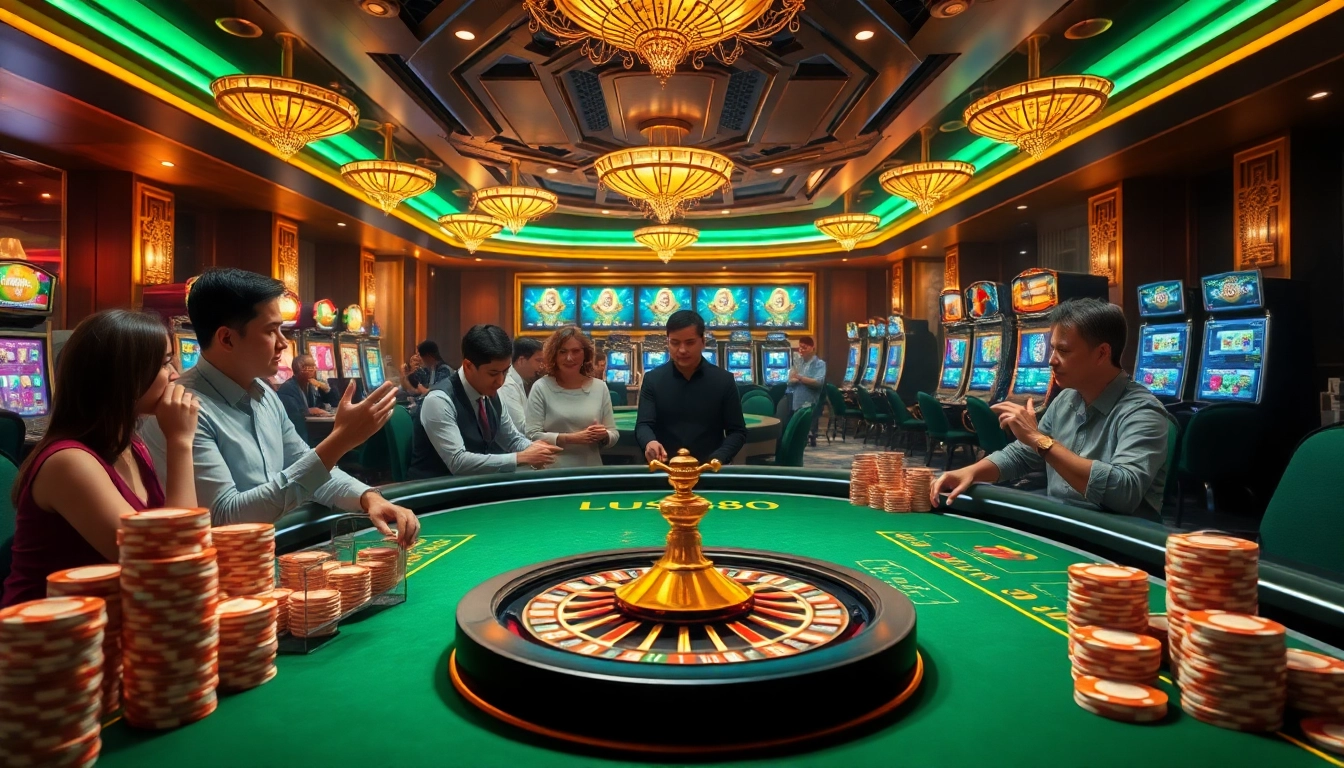 Players enjoying the RR88 App at a luxurious casino table surrounded by vibrant gambling elements.