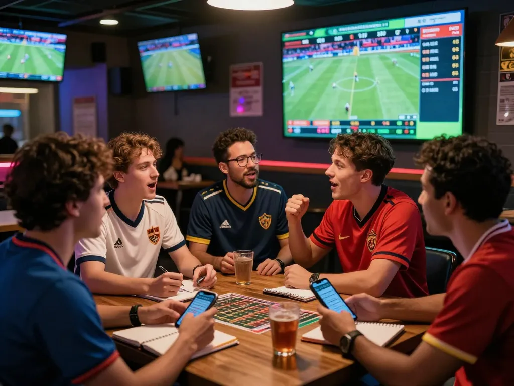 Enthusiastic bettors at a lively sports bar engaging with live 1gom football odds on screens.