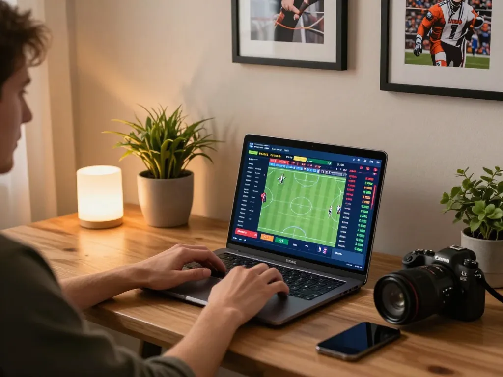 lu88 user engaging in live sports betting via modern laptop setup in cozy home