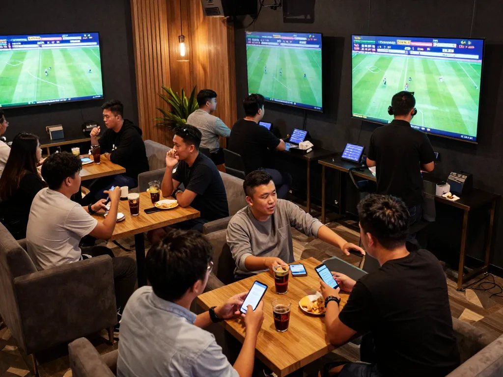Para penggemar dengan penuh semangat bertaruh pada Judi Bola Resmi sambil menonton olahraga secara langsung di pengaturan lounge yang semarak