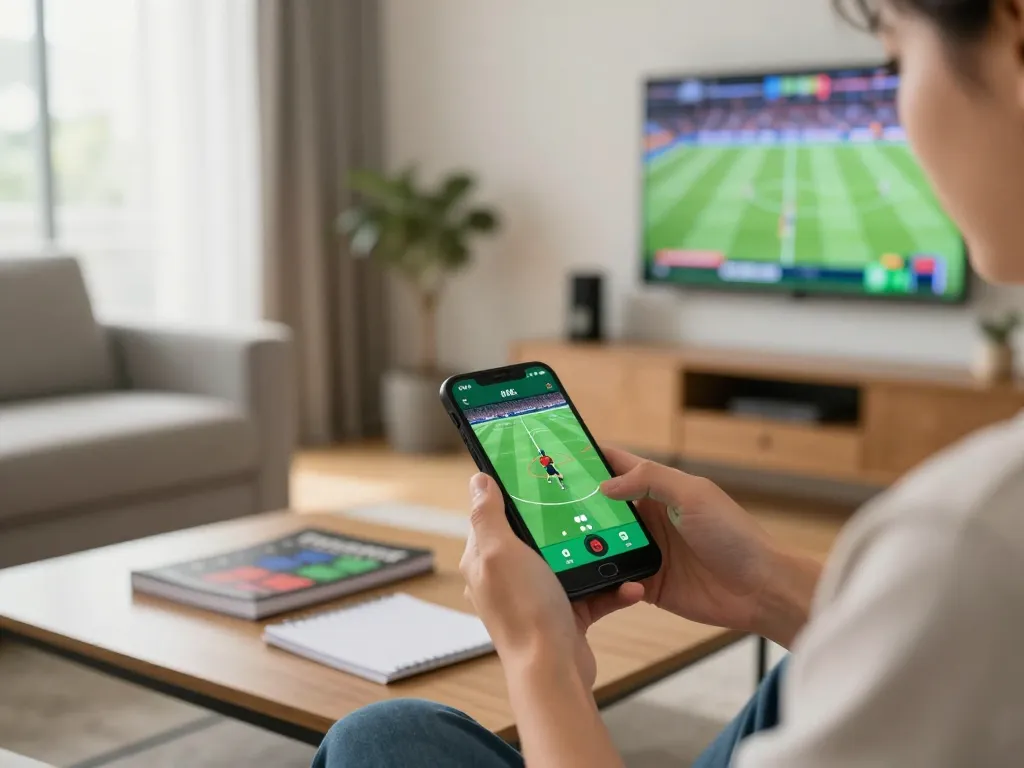 Person using the 7me app for live sports betting in a cozy home setting.
