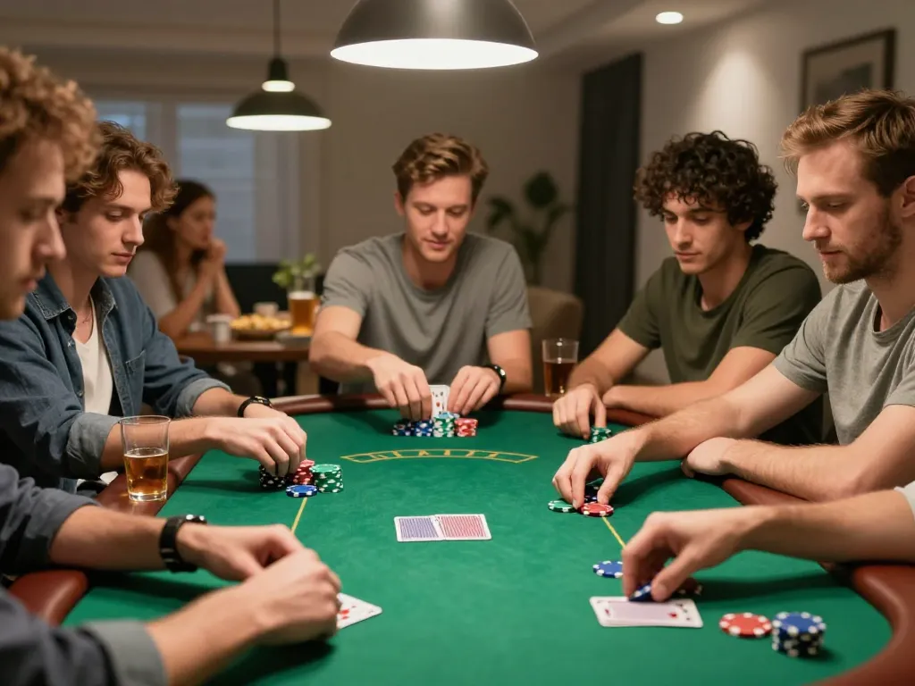 Players enjoying a competitive poker night at home, engaging in gameplay and strategizing with chips and cards around the table, showcasing oxbet's vibrant gaming community.