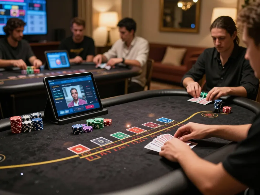 Active online blackjack gameplay showing thabete on tablet screen with engaged players around a stylish table.