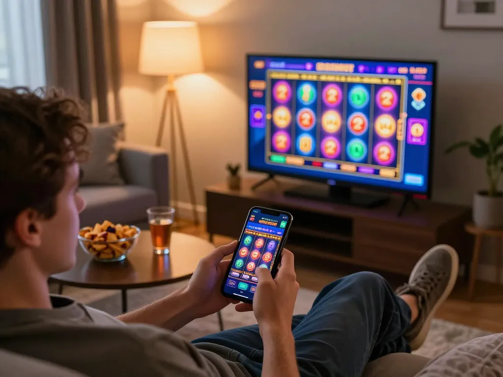 Player enjoying online casino gaming on their smartphone with LC88 app showcasing vibrant slot action.
