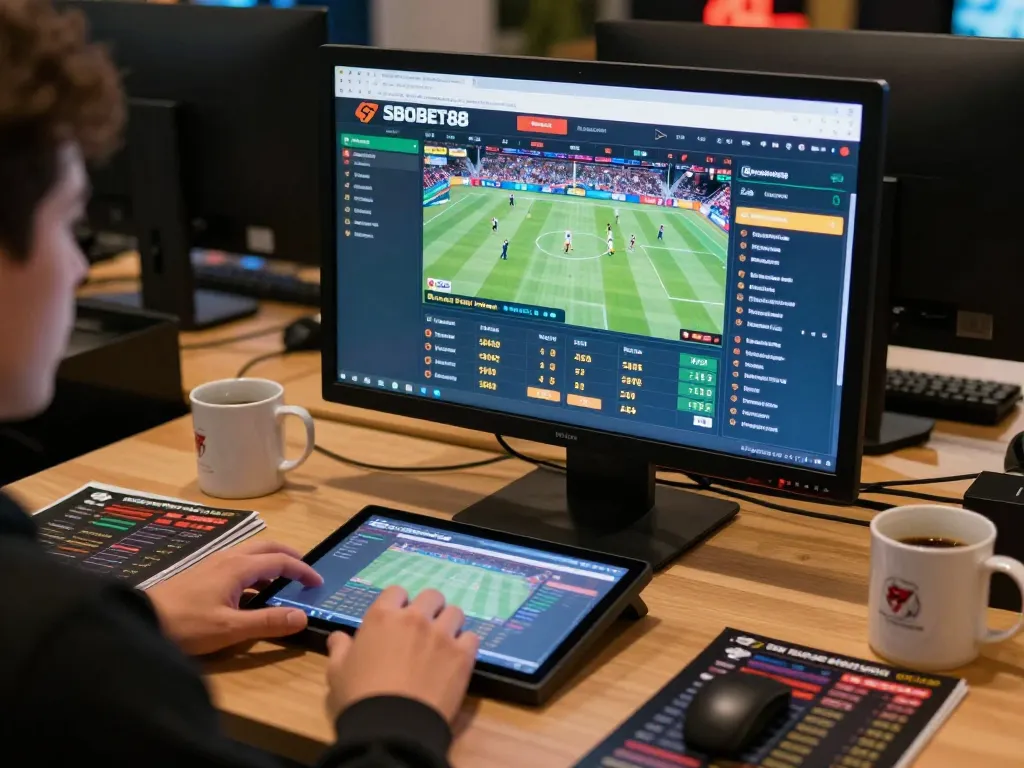 Pengaturan taruhan online SBOBET88 yang menampilkan olahraga langsung dan antarmuka interaktif dalam lingkungan yang fokus.
