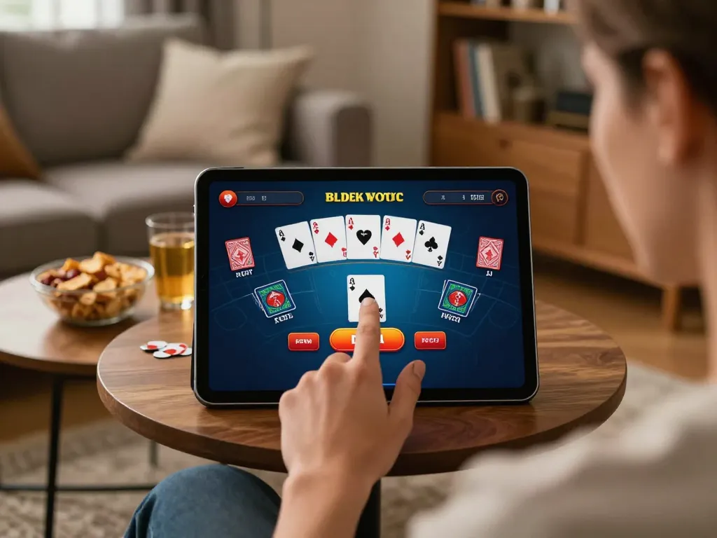 Engaging online gaming moment with sunwingo app showing blackjack action on a cozy tablet.