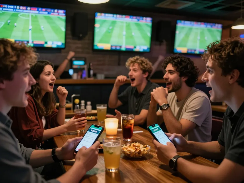 Experience exciting sports betting at XO88 with friends cheering during live game.