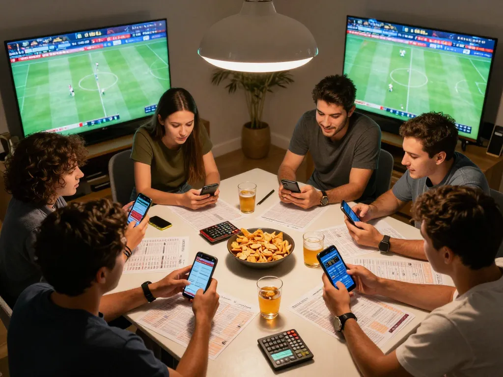 Tỷ lệ kèo nhà cái hôm nay showcased as friends intensely analyze betting apps during an exciting sports game night.