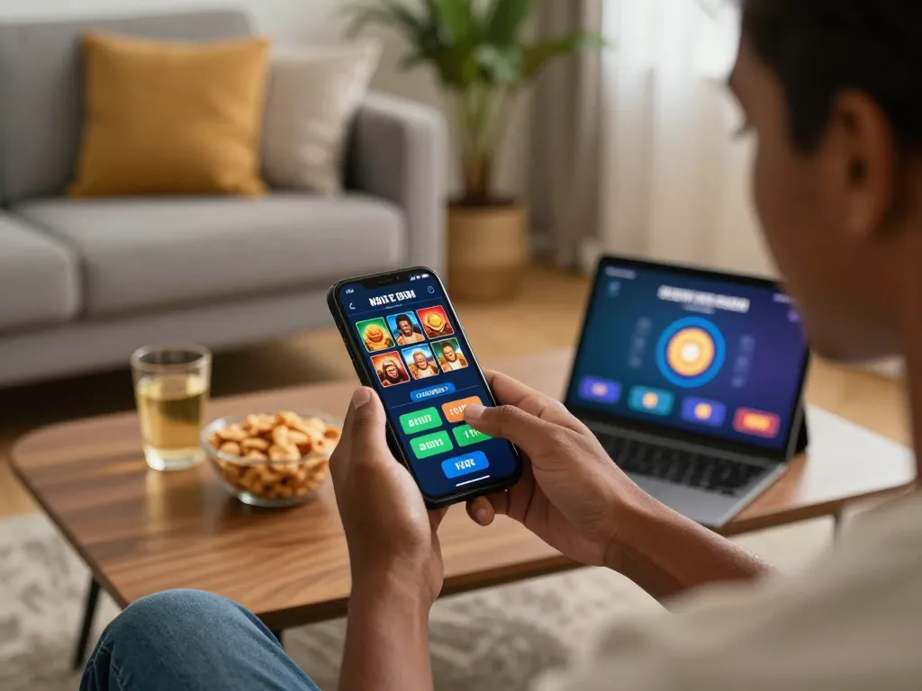 Engaging with hytw3339 mobile casino app on a cozy couch during strategic gameplay.