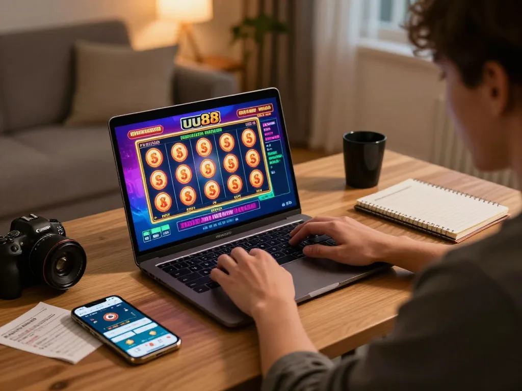 Player engaging in online slots at uu88, surrounded by gaming strategy notes and a smartphone app.