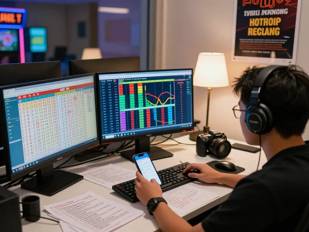Scena menarik seorang pemain menganalisis data lotere HK Hari Ini dengan berbagai layar dan peralatan permainan.