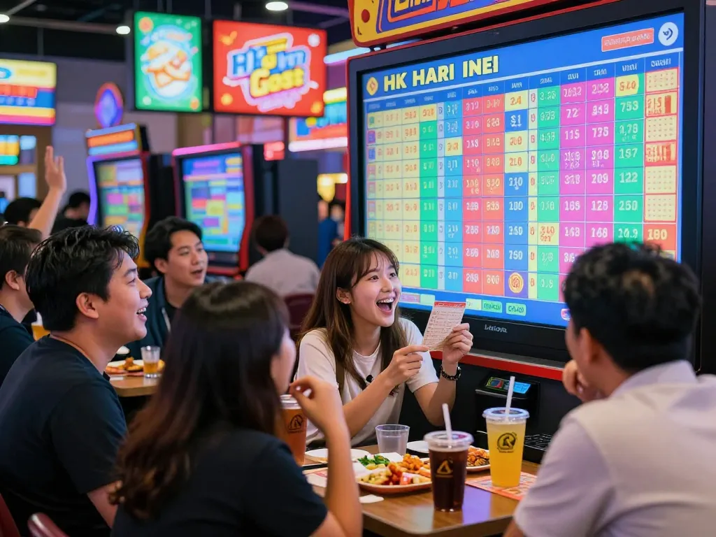 Pemain yang bersemangat memeriksa hasil undian HK Hari Ini di suasana permainan perkotaan yang hidup.