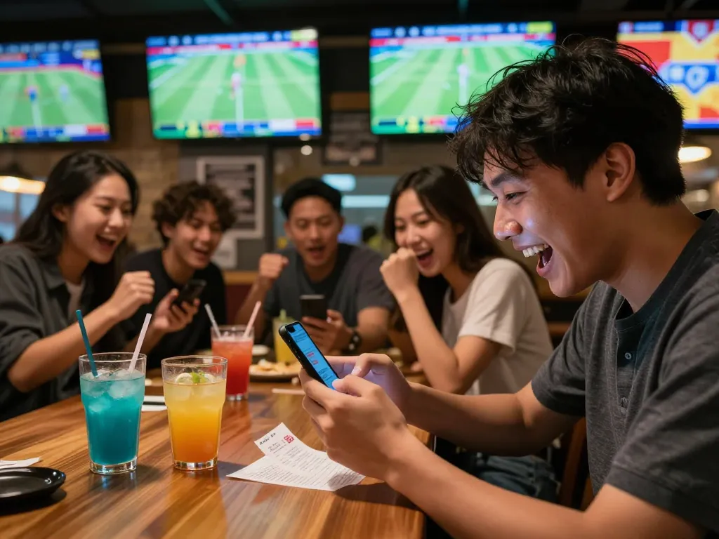 Orang yang memasang taruhan dalam suasana bar olahraga yang mendebarkan selama acara Judi Bola.